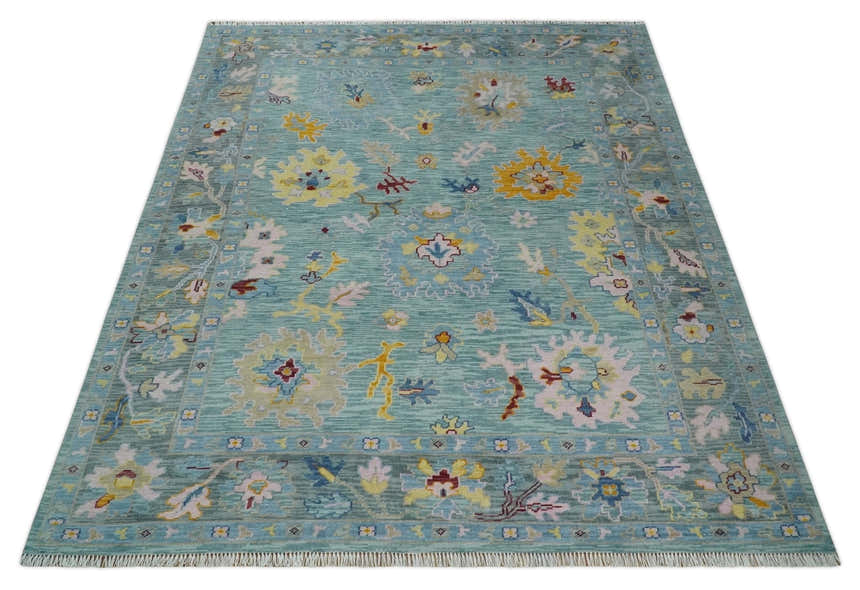 Aqua and Gray Vibrant colorful Hand knotted Oushak Multi Size Wool Area Rug