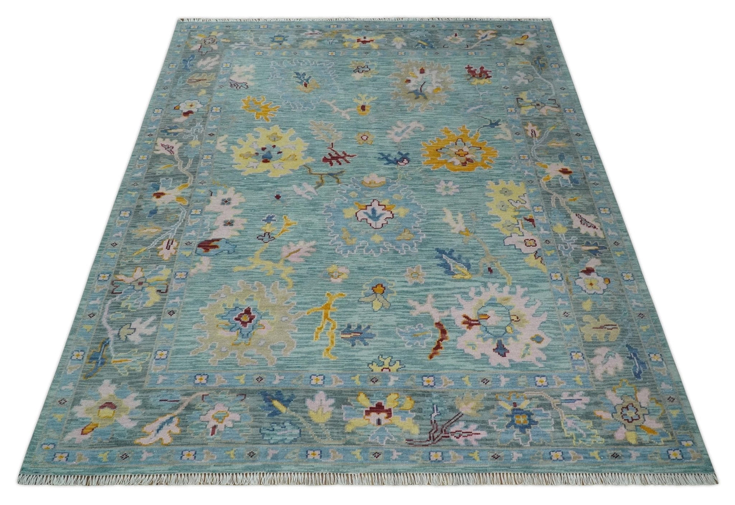Aqua and Gray Vibrant colorful Hand knotted Oushak Multi Size Wool Area Rug