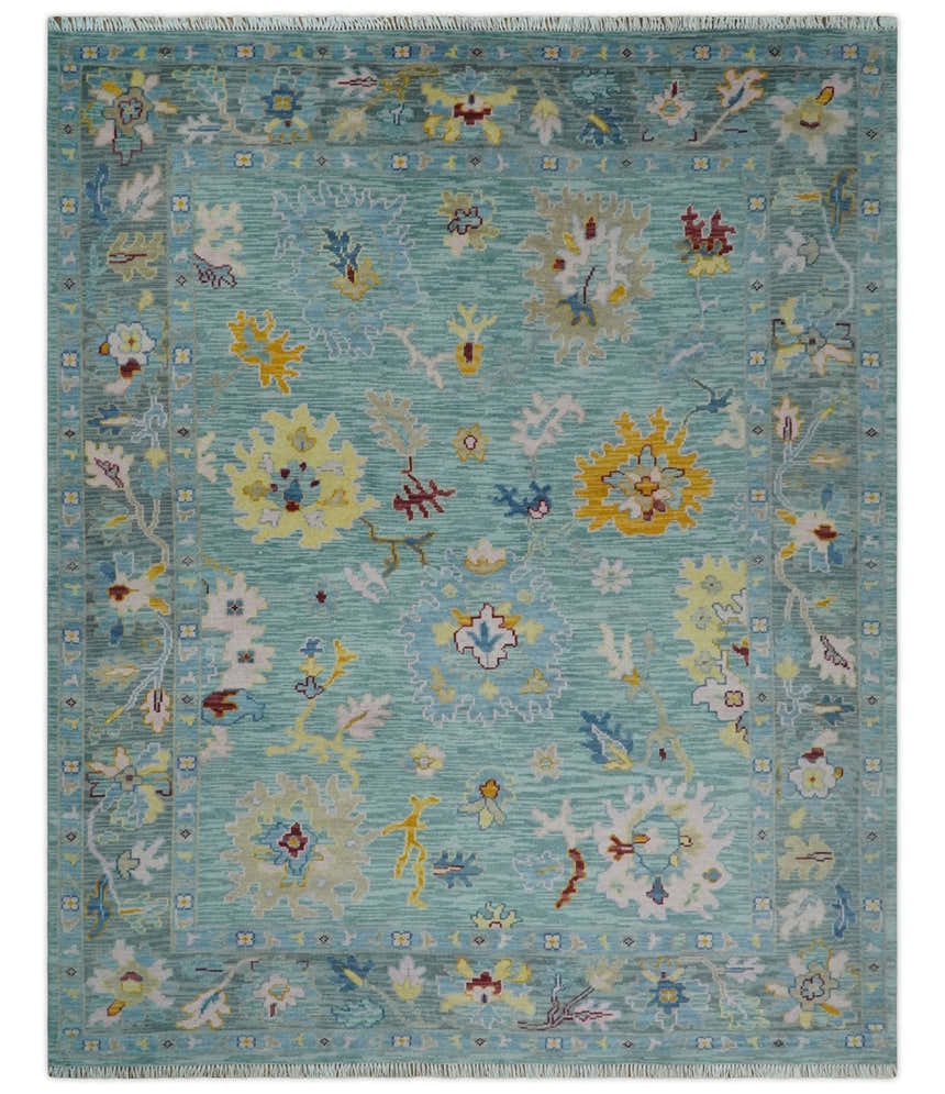 Aqua and Gray Vibrant colorful Hand knotted Oushak Multi Size Wool Area Rug
