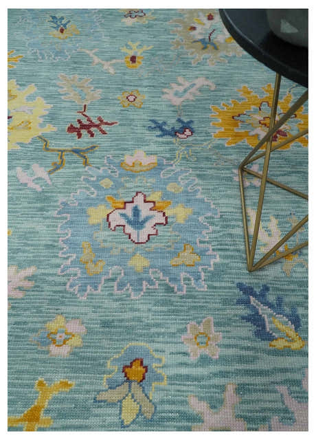 Aqua and Gray Vibrant colorful Hand knotted Oushak Multi Size Wool Area Rug