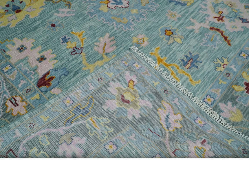 Aqua and Gray Vibrant colorful Hand knotted Oushak Multi Size Wool Area Rug