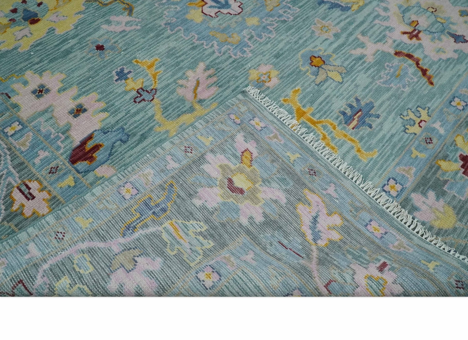 Aqua and Gray Vibrant colorful Hand knotted Oushak Multi Size Wool Area Rug