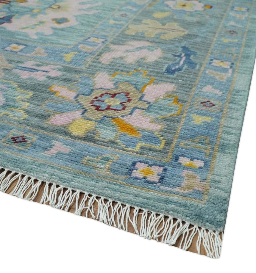 Aqua and Gray Vibrant colorful Hand knotted Oushak Multi Size Wool Area Rug