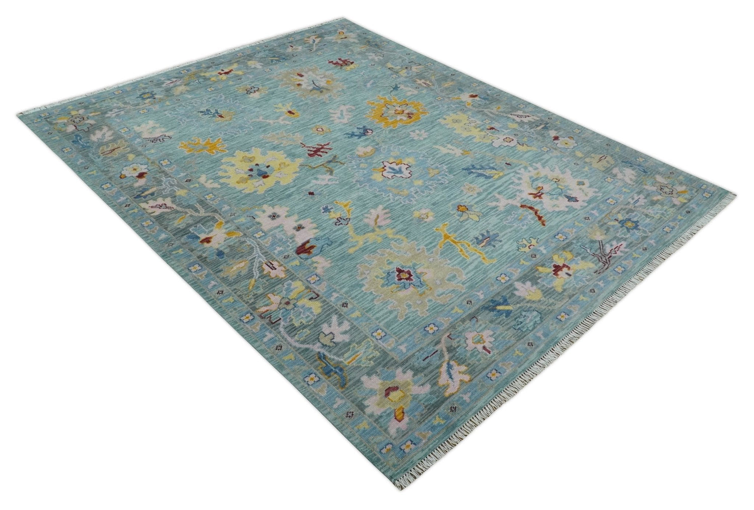 Aqua and Gray Vibrant colorful Hand knotted Oushak Multi Size Wool Area Rug