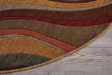 Close up of the round Nourison Somerset rug, featuring multicolor wavy stripes on wood flooring.