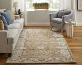 Living room scene with Feizy Prescott Tan/Ivory rug, neutral sofa, gray armchair, and wood floors. Floral pattern. Roomscene-Rectangle