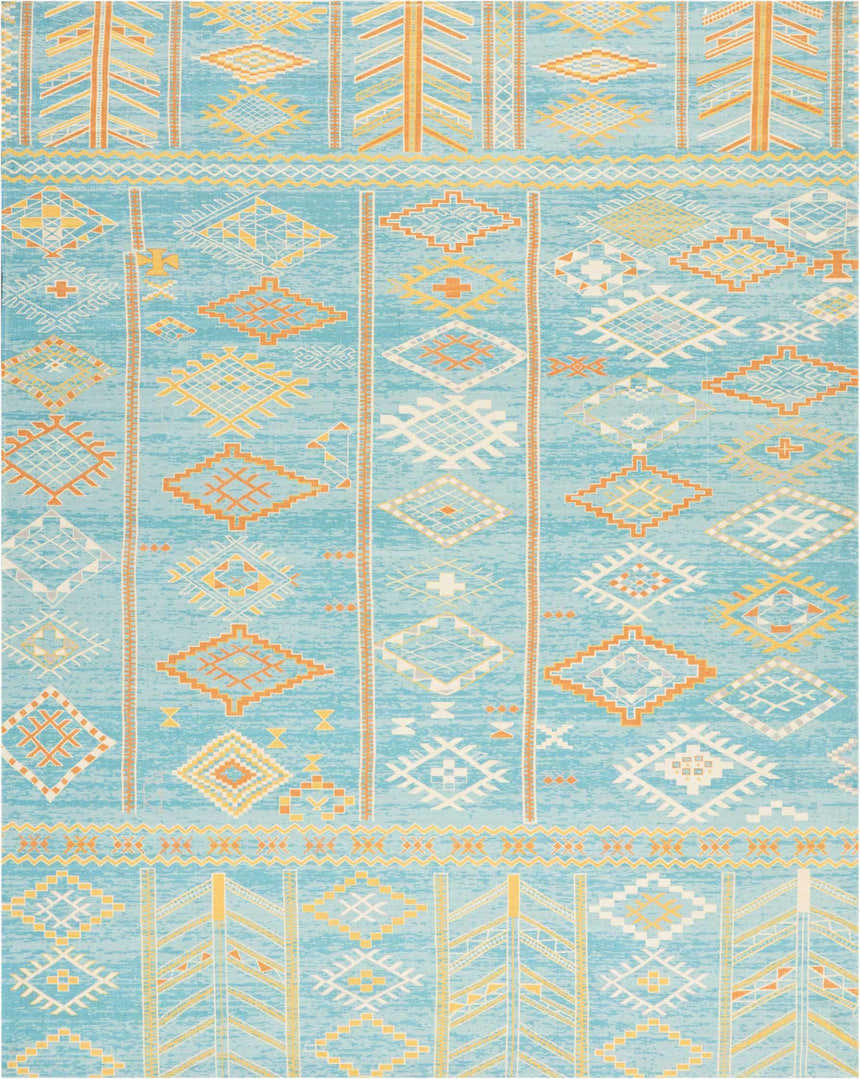 Close-up of Nourison Madera Sky Blue Tribal Indoor Area Rug featuring diamond and geometric patterns.
