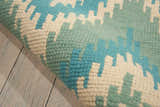 Close-up of the Barclay Butera Prism Pacific rug. Handmade wool rug in pacific blue, light green, and cream geometric pattern.