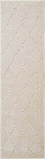 Close-up of the Michael Amini Gleam Ivory rug. Diamond pattern in shades of ivory and cream. Mid-century modern style.