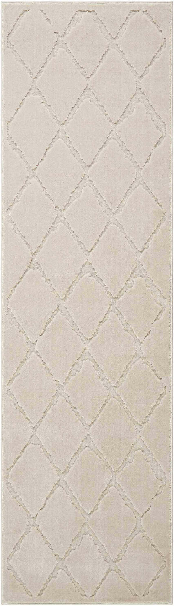 Close-up of the Michael Amini Gleam Ivory rug. Diamond pattern in shades of ivory and cream. Mid-century modern style.