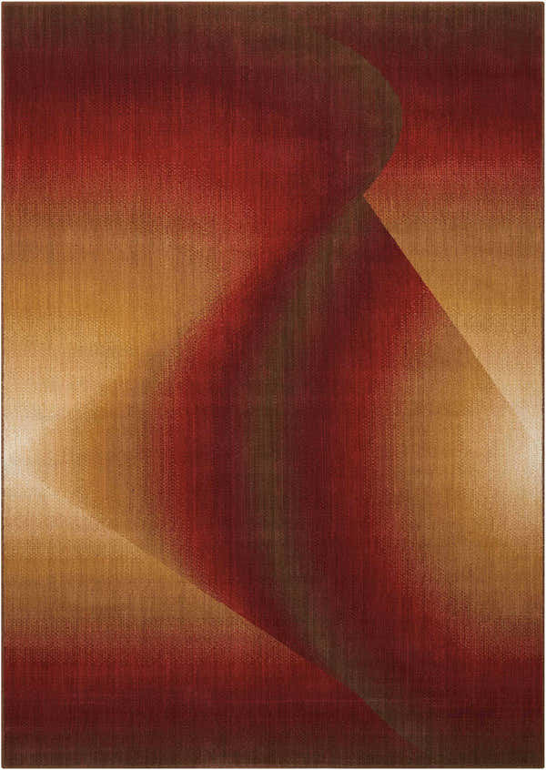 Close-up of the Nourison Radiant Arts Ruby rug, featuring a modern, abstract design in shades of ruby, gold, and brown.