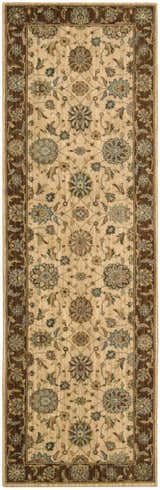 Close-up of a Nourison Living Treasures Beige Traditional rug runner with floral pattern and brown border.