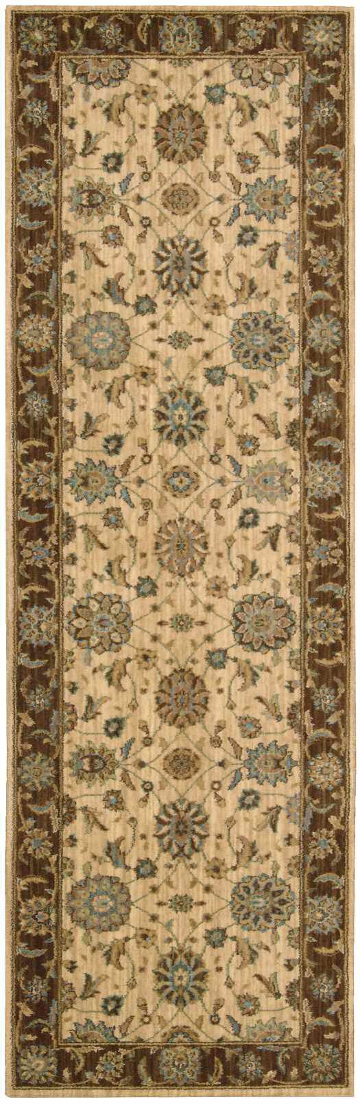 Close-up of a Nourison Living Treasures Beige Traditional rug runner with floral pattern and brown border.