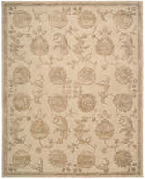 Close-up of a Nourison Regal Sand Persian rug; sandstone color, floral pattern, handmade wool and silk rug.