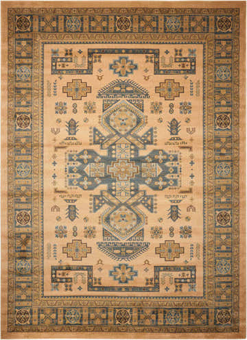 Close-up of the Nourison Maymana Camel Persian Area Rug, featuring a traditional geometric design in camel and blue tones.