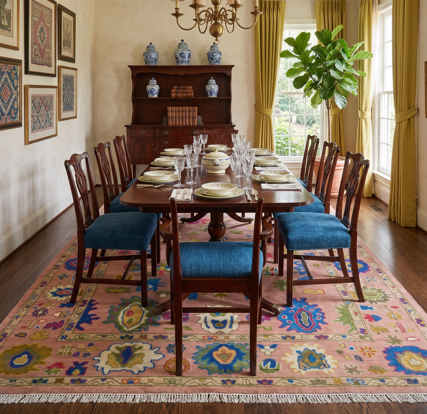Peach, Blue and Olive Hand knotted Traditional Custom Made Oushak wool Area Rug