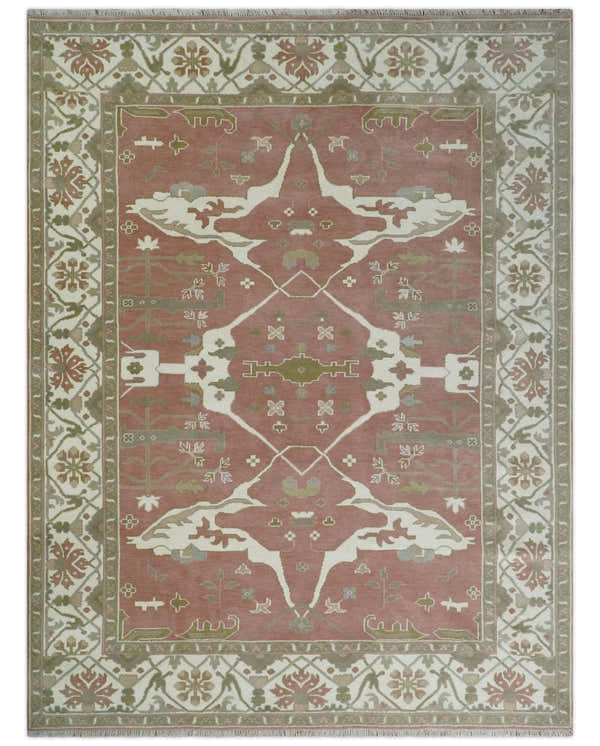 Peach, Ivory and Olive Hand knotted Multi size Oriental Oushak Traditional Wool Area Rug