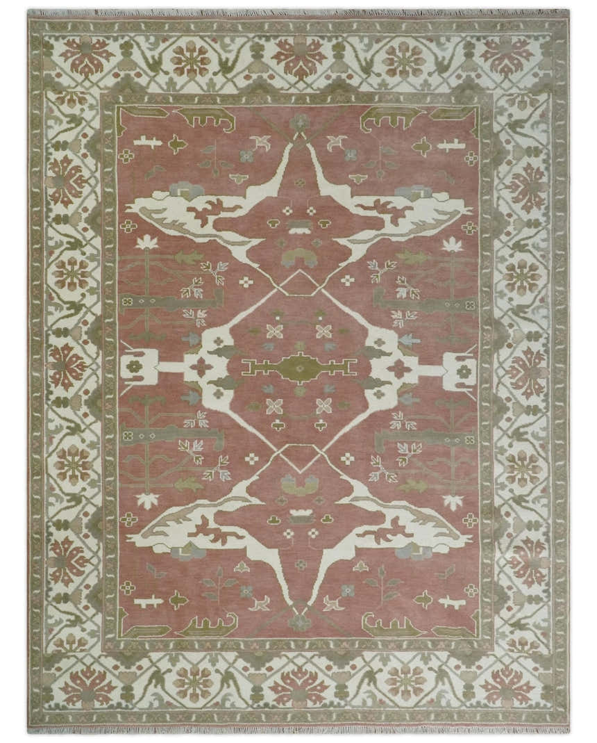 Peach, Ivory and Olive Hand knotted Multi size Oriental Oushak Traditional Wool Area Rug