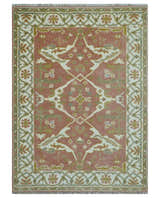 Peach, Ivory and Olive Hand knotted Multi size Oriental Oushak Traditional Wool Area Rug