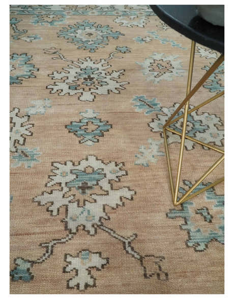 Peach, Ivory and Teal Hand knotted Traditional Oushak Multi Size wool Area Rug