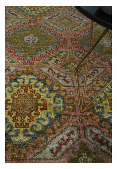 Peach, Mustard, Brown and Gray Oriental Hand Knotted Multi Size Wool Area Rug, Living Room and Bedroom Rug