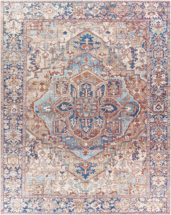 Detailed Neyland Iris Olive & Brown Area Rug 2360. Traditional oriental rug with brown, cream, blue, and red colors. Design-Rectangle-7696