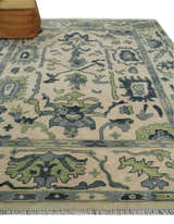 Beige, Charcoal and Green Hand knotted Oushak Traditional Wool Area Rug