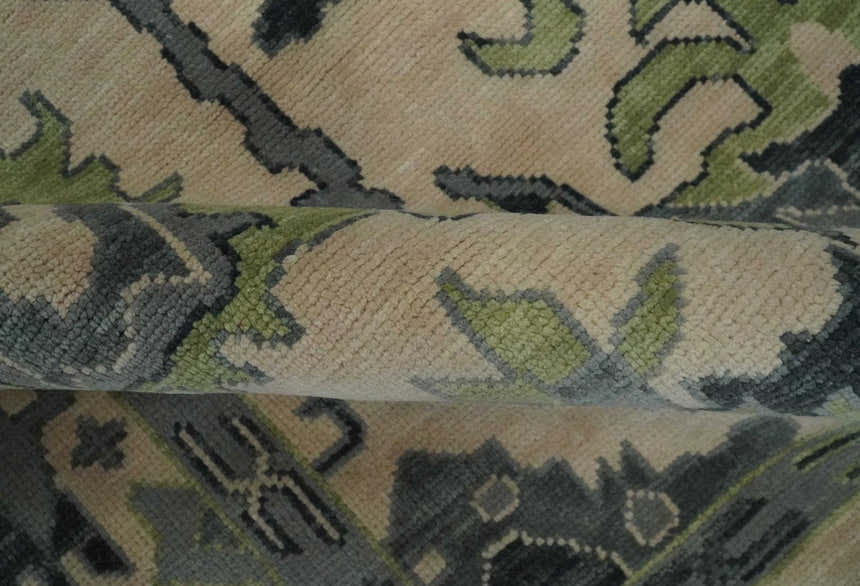 Beige, Charcoal and Green Hand knotted Oushak Traditional Wool Area Rug