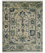 Beige, Charcoal and Green Hand knotted Oushak Traditional Wool Area Rug