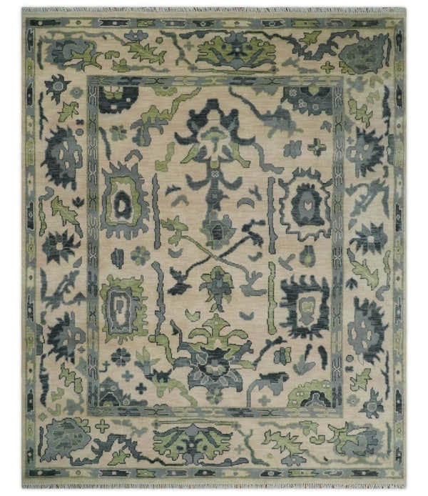 Beige, Charcoal and Green Hand knotted Oushak Traditional Wool Area Rug
