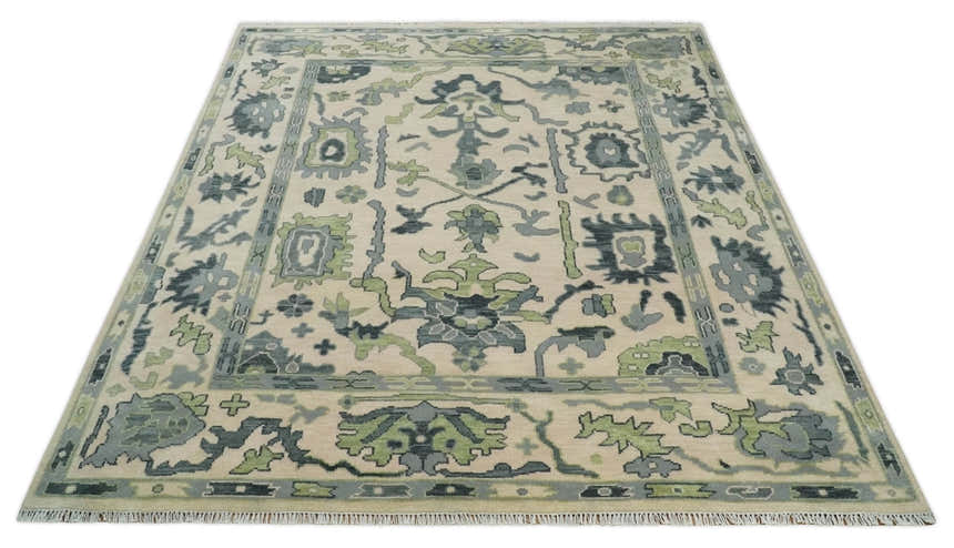 Beige, Charcoal and Green Hand knotted Oushak Traditional Wool Area Rug