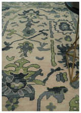 Beige, Charcoal and Green Hand knotted Oushak Traditional Wool Area Rug
