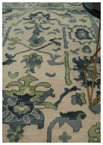 Beige, Charcoal and Green Hand knotted Oushak Traditional Wool Area Rug