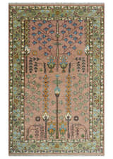 Pink, Olive and Beige Traditional Vintage Heriz Serapi Wool Rug
