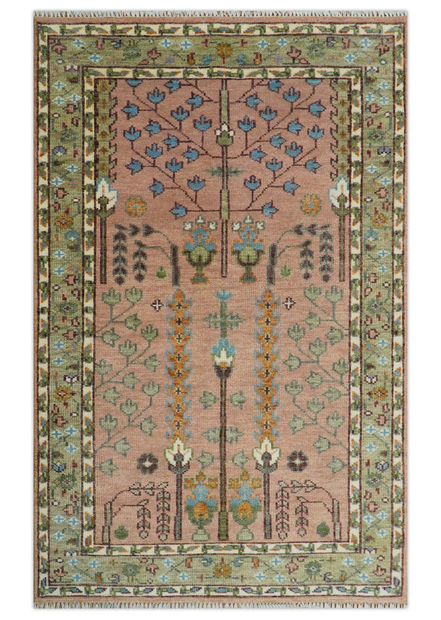 Pink, Olive and Beige Traditional Vintage Heriz Serapi Wool Rug