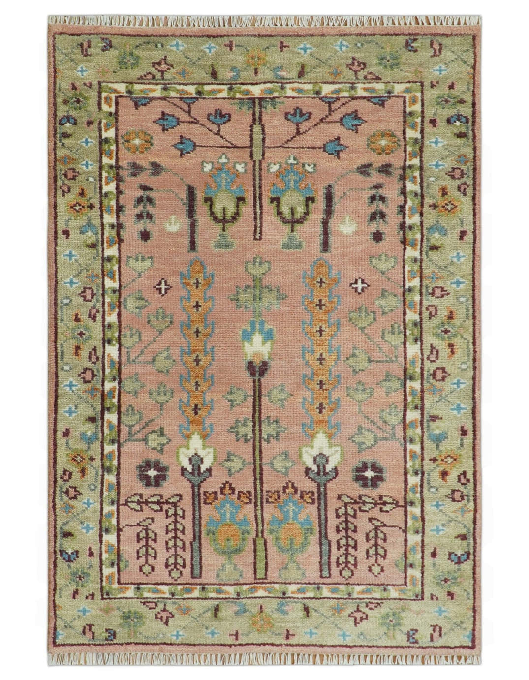 Pink, Olive and Beige Traditional Vintage Heriz Serapi Wool Rug ...