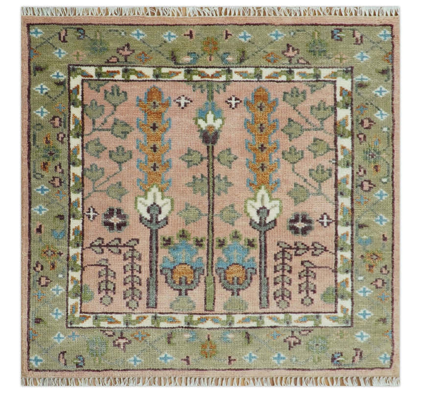 Pink, Olive and Beige Traditional Vintage Heriz Serapi Wool Rug