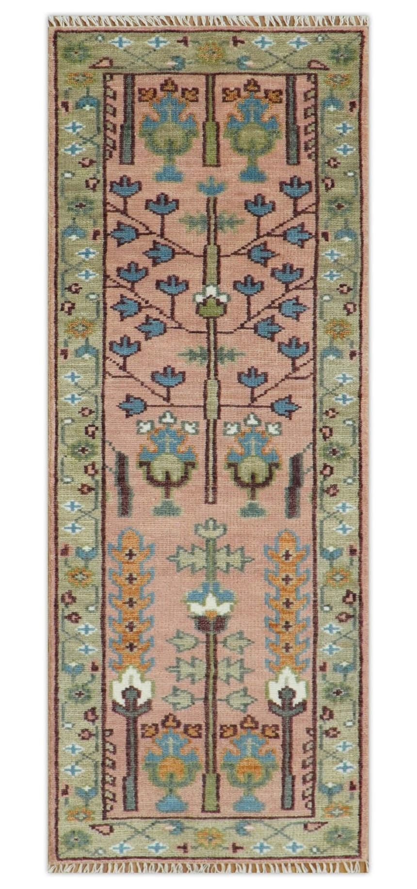 Pink, Olive and Beige Traditional Vintage Heriz Serapi Wool Rug