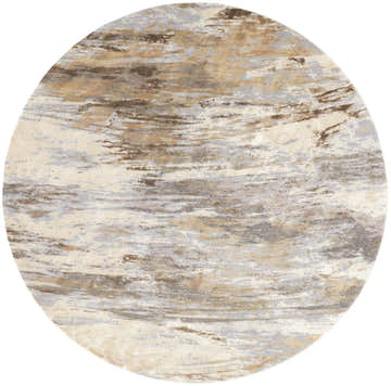 Close-up of round Feizy Parker rug. Abstract ivory, tan, and brown pattern. Transitional style. Design-Round