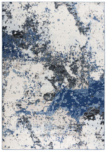 Abstract Rizzy PLC855 area rug with a beige, ivory, blue, and black power-loomed design. Design-Rectangle