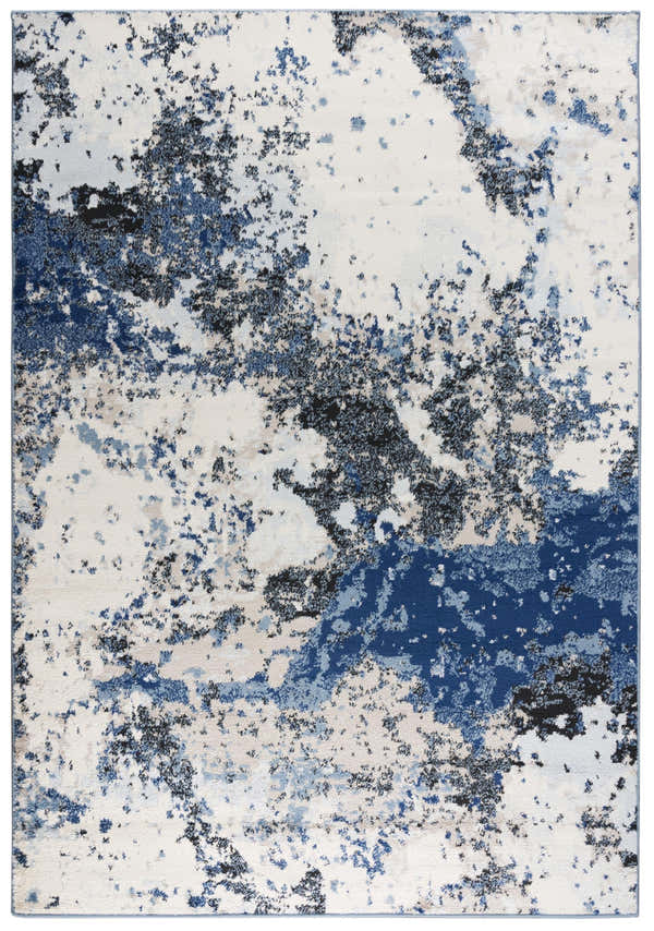 Abstract Rizzy PLC855 area rug with a beige, ivory, blue, and black power-loomed design. Design-Rectangle