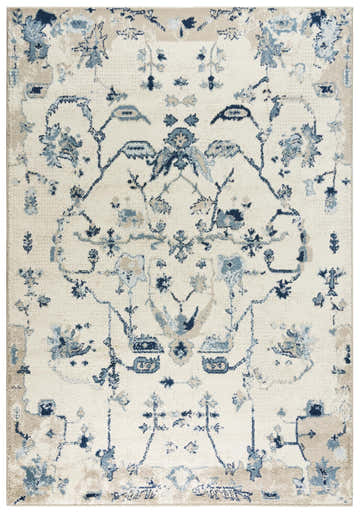 Close-up of Rizzy PLC857 area rug. Farmhouse style in arctic blue, beige, and ivory floral pattern. Power loomed polypropylene. Design-Rectangle-57