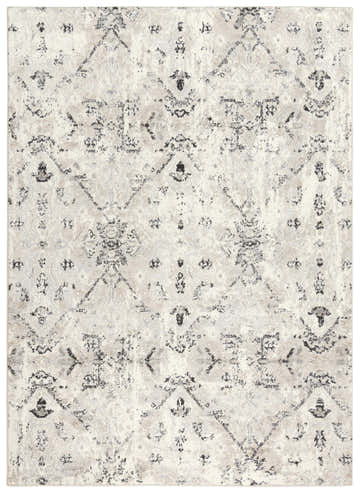 Close-up of the Rizzy PLC860 area rug. Beige, ivory and black farmhouse style rug with a transitional pattern. Design-Rectangle