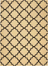 Close-up of Nourison Grafix Cream Black Moroccan rug featuring a quatrefoil pattern. Rectangle shape.