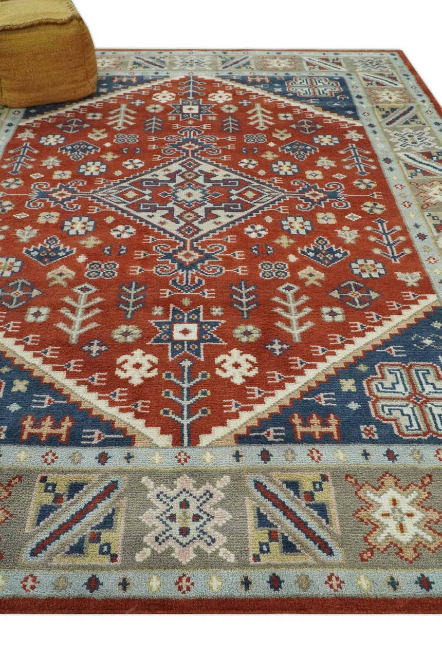 Premium Style Rust, Blue and Beige Hand Knotted Traditional Heriz wool Area Rug