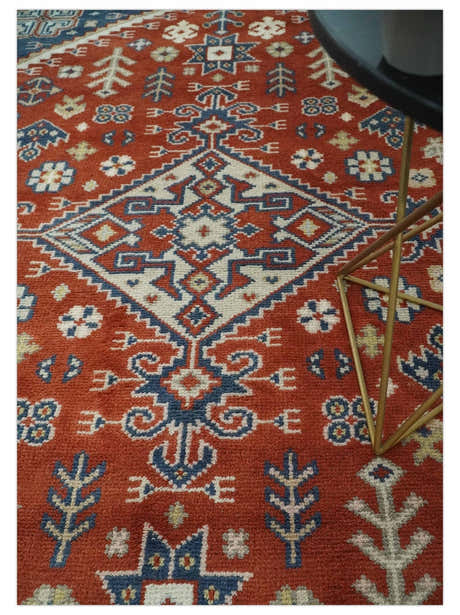 Premium Style Rust, Blue and Beige Hand Knotted Traditional Heriz wool Area Rug