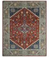 Premium Style Rust, Blue and Beige Hand Knotted Traditional Heriz wool Area Rug
