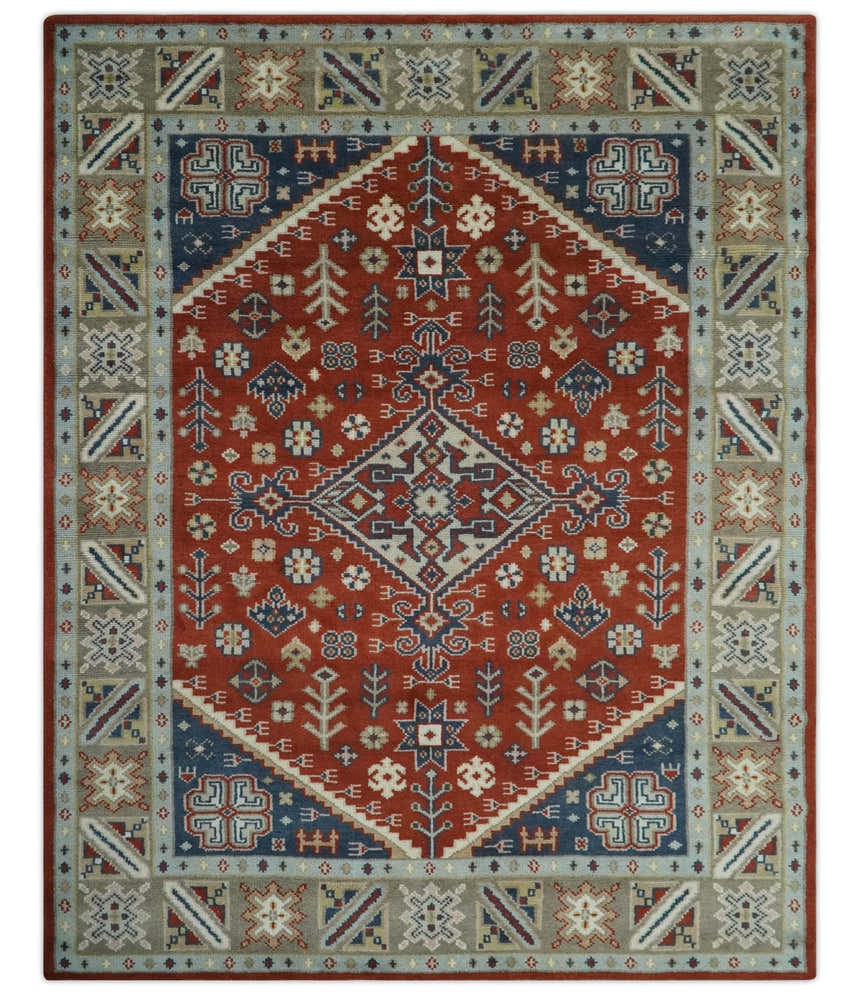 Premium Style Rust, Blue and Beige Hand Knotted Traditional Heriz wool Area Rug