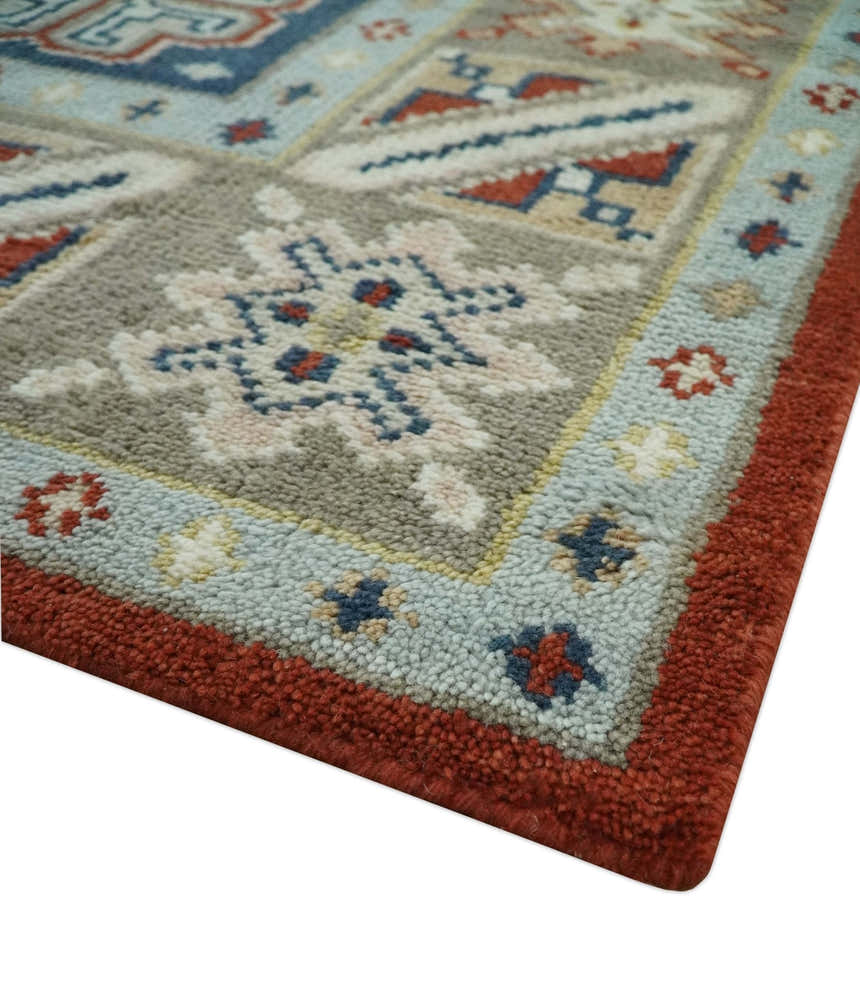 Premium Style Rust, Blue and Beige Hand Knotted Traditional Heriz wool Area Rug