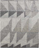 Close-up of the Feizy Alford Area Rug. Hand-knotted wool rug with a modern geometric pattern in ivory, gray, and taupe. Design-Rectangle